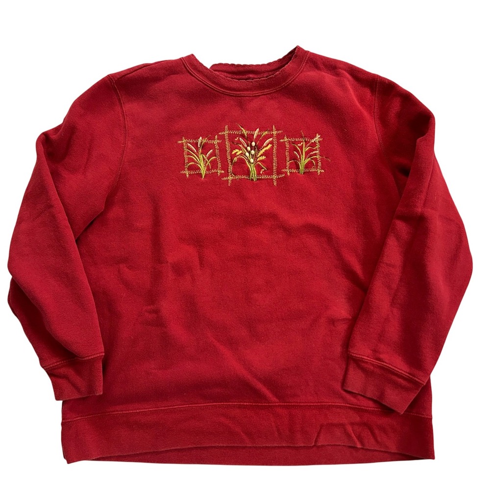 BASIC EDITIONS Red Embroidered Floral Grandmacore Sweatshirt Womens VTG Cotton L